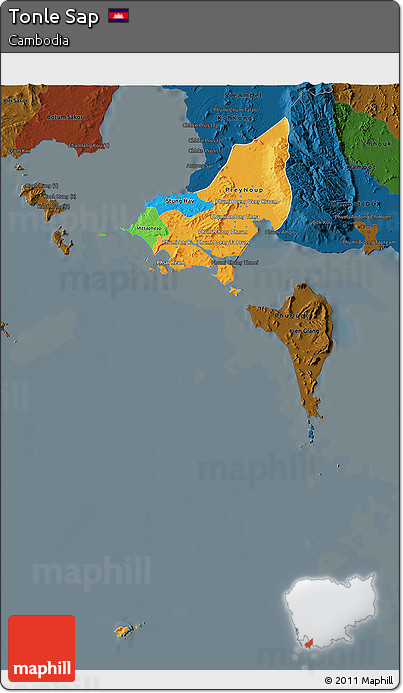 Political 3D Map of Tonle Sap, darken