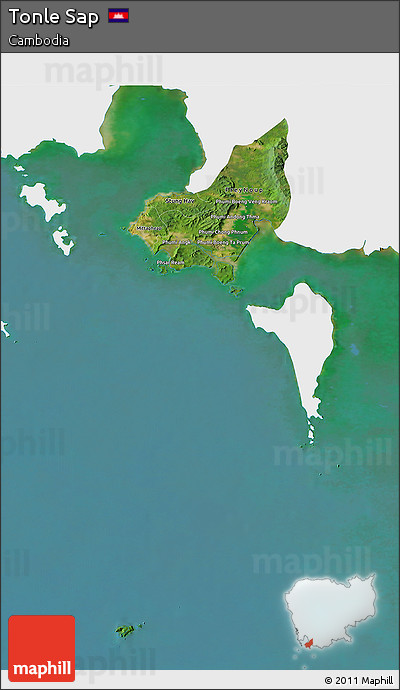 Satellite 3D Map of Tonle Sap, single color outside