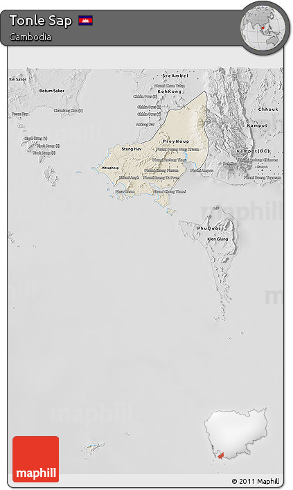 Shaded Relief 3D Map of Tonle Sap, desaturated