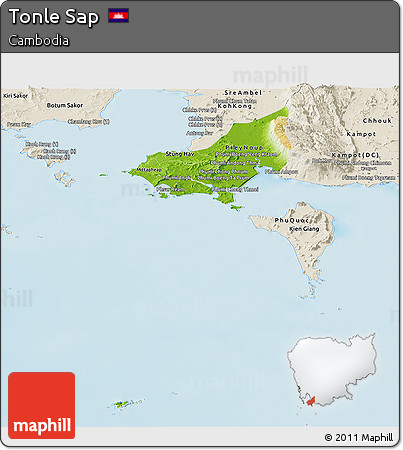 Physical Panoramic Map of Tonle Sap, shaded relief outside