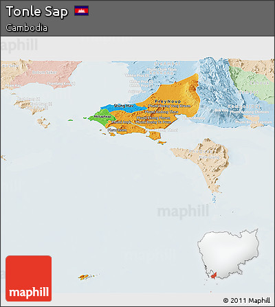 Political Panoramic Map of Tonle Sap, lighten
