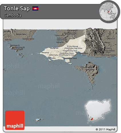 Shaded Relief Panoramic Map of Tonle Sap, darken