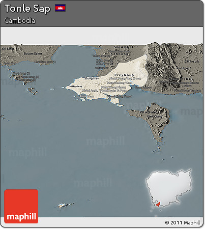 Shaded Relief Panoramic Map of Tonle Sap, darken