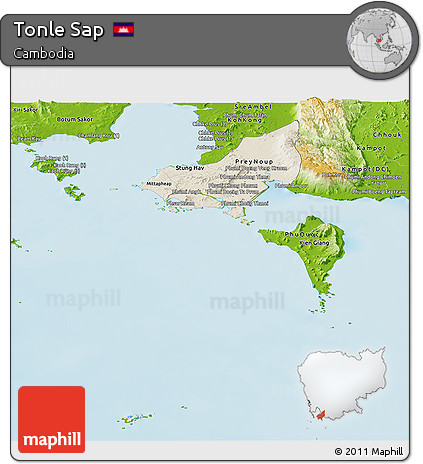 Shaded Relief Panoramic Map of Tonle Sap, physical outside