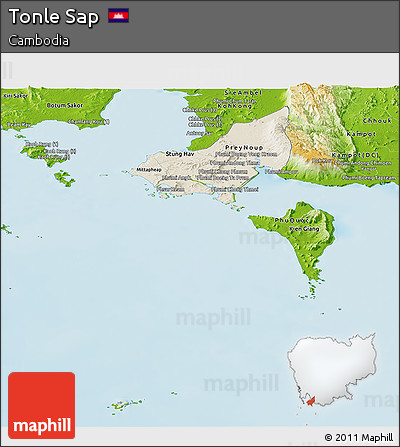 Shaded Relief Panoramic Map of Tonle Sap, physical outside