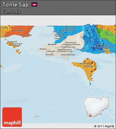 Shaded Relief Panoramic Map of Tonle Sap, political outside