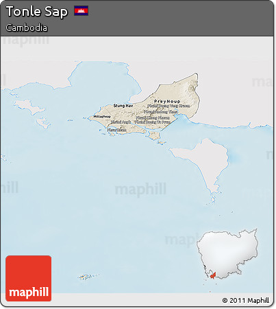 Shaded Relief Panoramic Map of Tonle Sap, single color outside