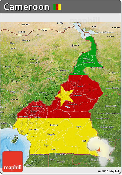 Flag 3D Map of Cameroon, satellite outside, bathymetry sea, flag rotated