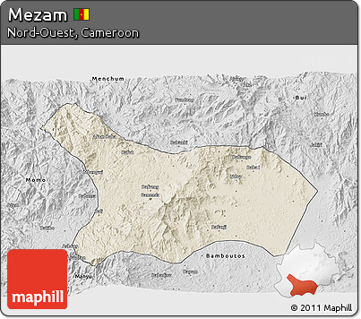 Shaded Relief 3D Map of Mezam, desaturated