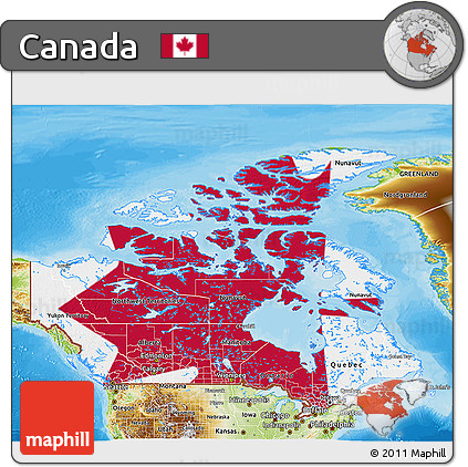 Flag 3D Map of Canada, physical outside, bathymetry sea, flag aligned to the middle