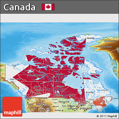 Flag 3D Map of Canada, physical outside, bathymetry sea, flag aligned to the middle
