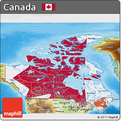 Flag 3D Map of Canada, physical outside, bathymetry sea, flag aligned to the middle