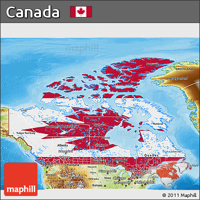 Flag 3D Map of Canada, physical outside, bathymetry sea, flag rotated