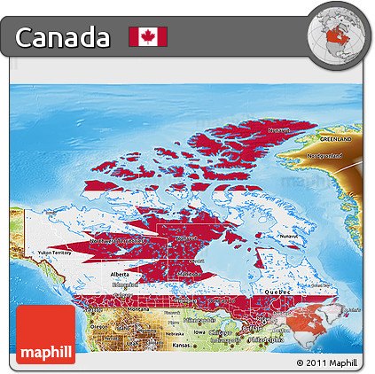 Flag 3D Map of Canada, physical outside, flag rotated