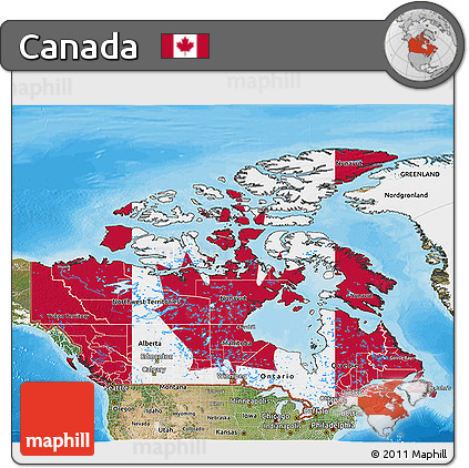 Flag 3D Map of Canada, satellite outside, bathymetry sea, flag centered