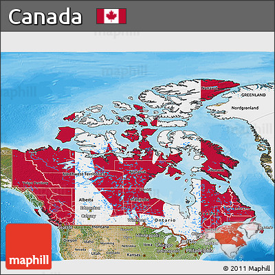 Flag 3D Map of Canada, satellite outside, bathymetry sea, flag centered