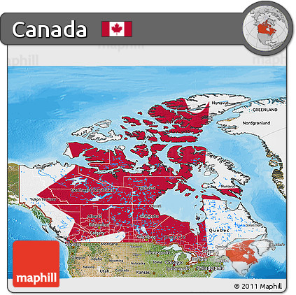 Flag 3D Map of Canada, satellite outside, bathymetry sea, flag aligned to the middle