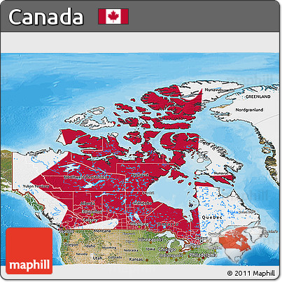 Flag 3D Map of Canada, satellite outside, bathymetry sea, flag aligned to the middle