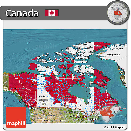 Flag 3D Map of Canada, satellite outside, flag centered