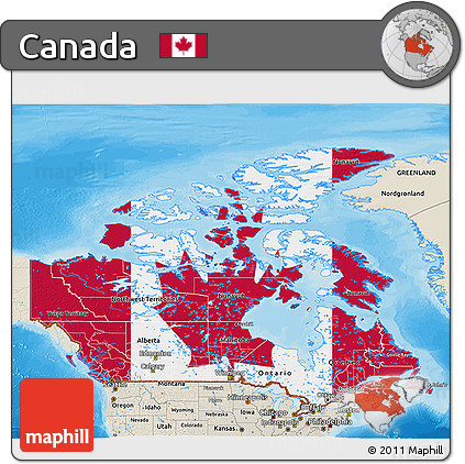 Flag 3D Map of Canada, shaded relief outside, bathymetry sea, flag centered
