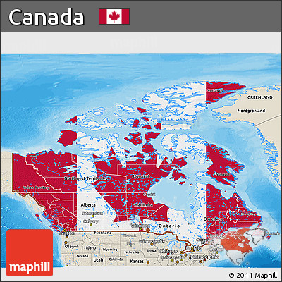 Flag 3D Map of Canada, shaded relief outside, bathymetry sea, flag centered