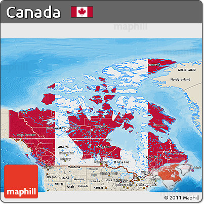 Flag 3D Map of Canada, shaded relief outside, bathymetry sea, flag centered