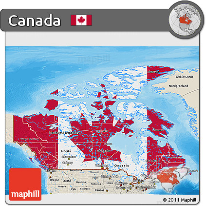 Flag 3D Map of Canada, shaded relief outside, bathymetry sea