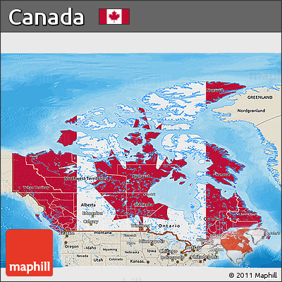 Flag 3D Map of Canada, shaded relief outside, bathymetry sea