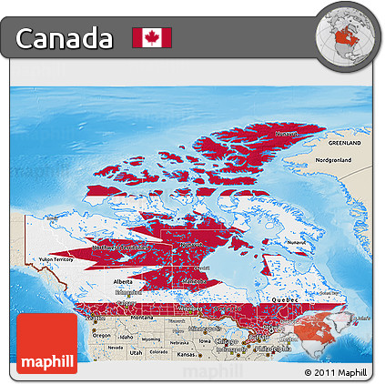 Flag 3D Map of Canada, shaded relief outside, flag rotated