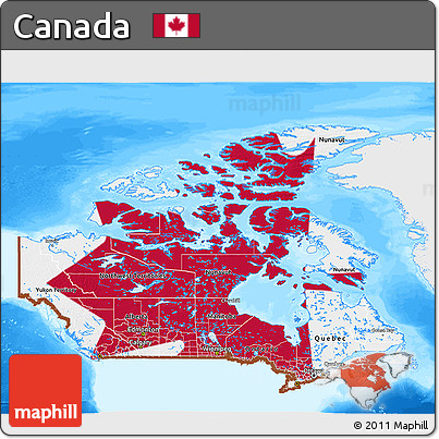 Flag 3D Map of Canada, single color outside, bathymetry sea, flag aligned to the middle