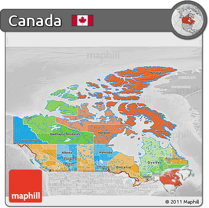 Political 3D Map of Canada, lighten, desaturated