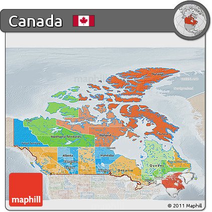 Political 3D Map of Canada, lighten, semi-desaturated