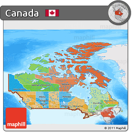 Political 3D Map of Canada, single color outside, bathymetry sea