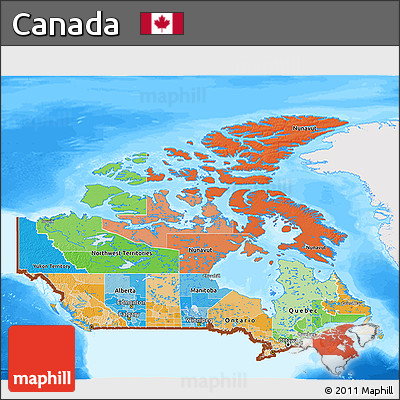 Political 3D Map of Canada, single color outside, bathymetry sea