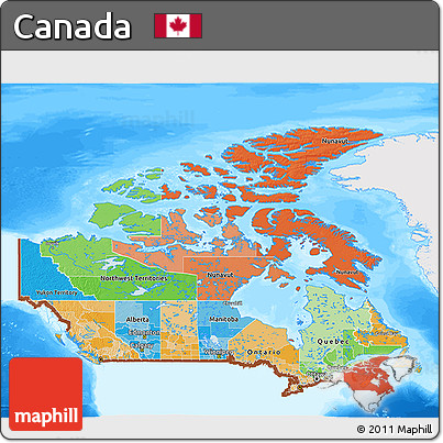 Political 3D Map of Canada, single color outside, bathymetry sea