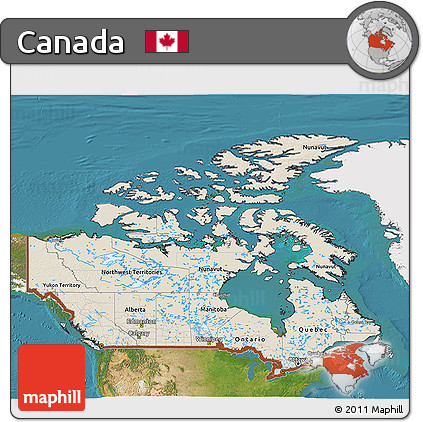 Shaded Relief 3D Map of Canada, single color outside, satellite sea