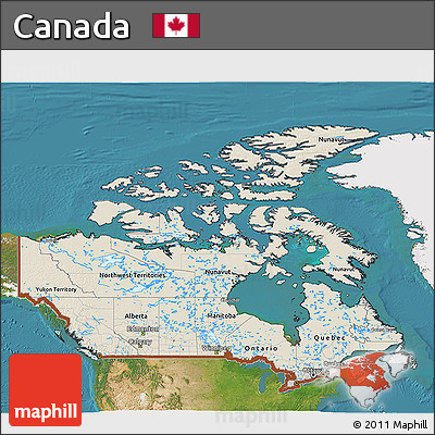 Shaded Relief 3D Map of Canada, single color outside, satellite sea