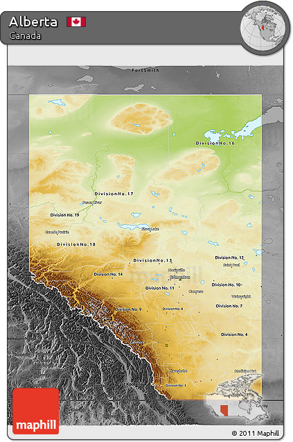 Physical 3D Map of Alberta, darken, desaturated