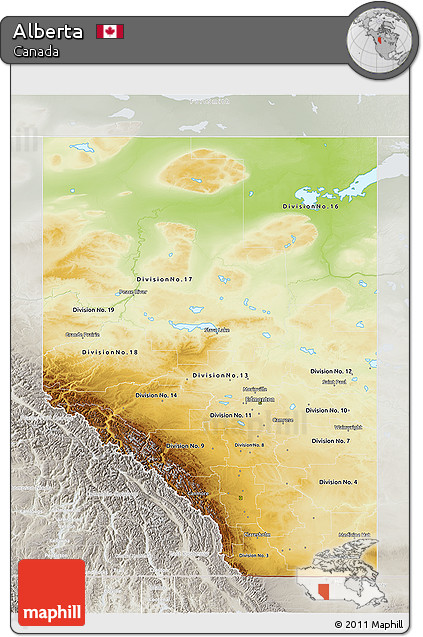 Physical 3D Map of Alberta, lighten, semi-desaturated