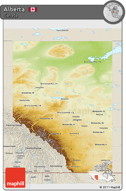 Physical 3D Map of Alberta, shaded relief outside