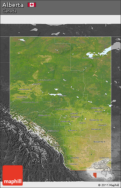 Satellite 3D Map of Alberta, darken, desaturated