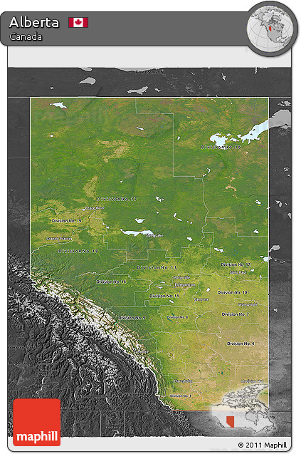 Satellite 3D Map of Alberta, darken, desaturated
