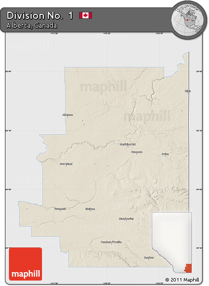 Shaded Relief Map of Division No.  1, single color outside