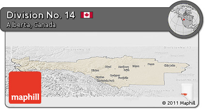 Shaded Relief Panoramic Map of Division No. 14, lighten, desaturated