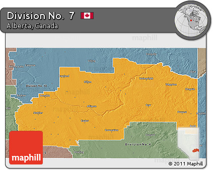 Political 3D Map of Division No.  7, semi-desaturated