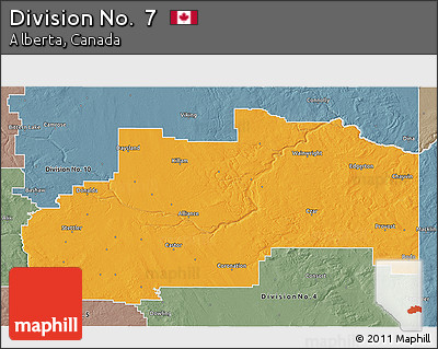 Political 3D Map of Division No.  7, semi-desaturated