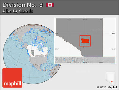 Gray Location Map of Division No.  8, highlighted country, highlighted parent region, hill shading