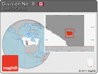 Gray Location Map of Division No.  8, highlighted country, highlighted parent region, hill shading