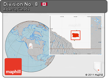 Gray Location Map of Division No.  8, highlighted parent region, hill shading
