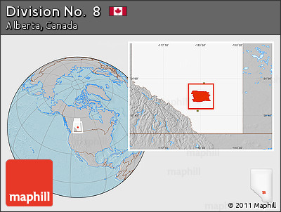 Gray Location Map of Division No.  8, highlighted parent region, hill shading